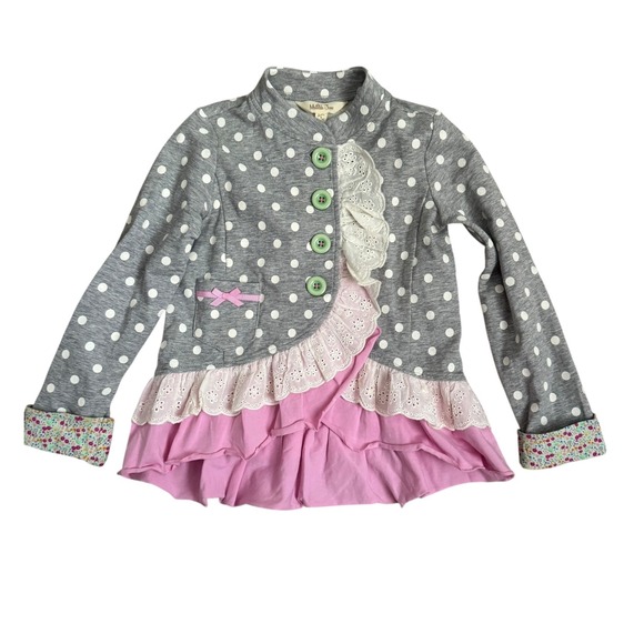 Matilda Jane Lead the Way Jacket  Gray Polka Dot Ruffle Cardigan Girls Size 4 - Picture 1 of 4